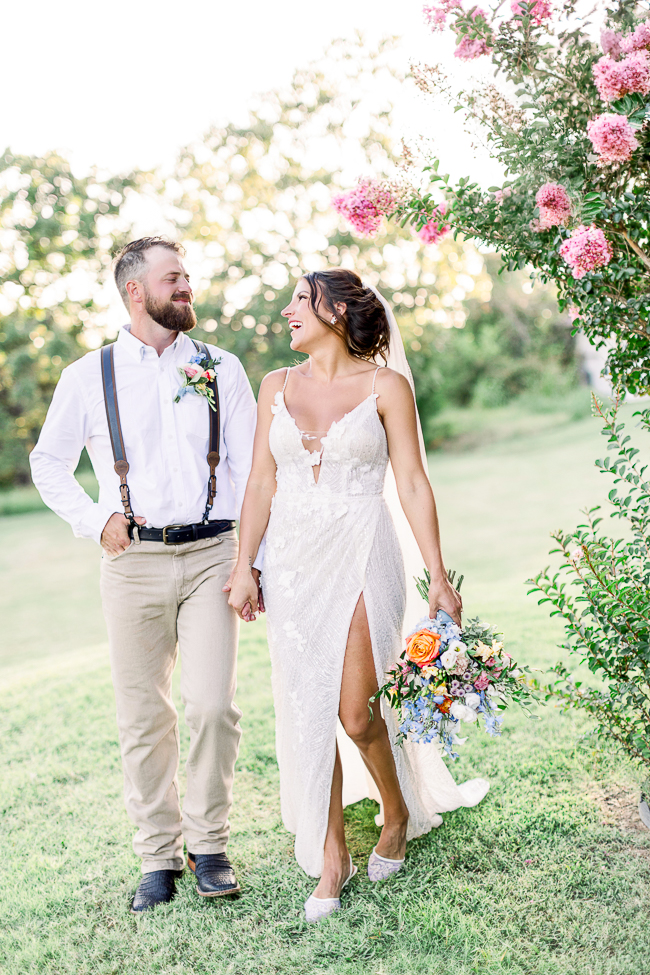 bride and groom walking after wedding